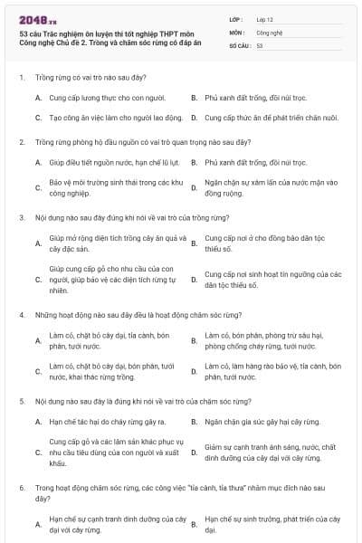 53 câu Trắc nghiệm ôn luyện thi tốt nghiệp THPT môn Công nghệ Chủ đề 2. Trồng và chăm sóc rừng có đáp án