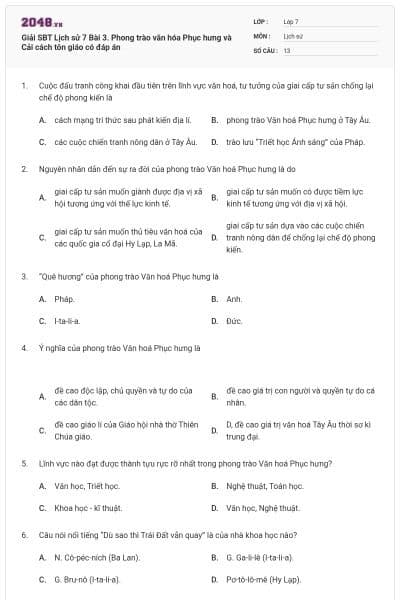 Giải SBT Lịch sử 7 Bài 3. Phong trào văn hóa Phục hưng và Cải cách tôn giáo có đáp án