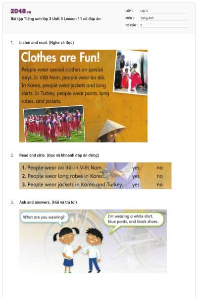 Bài tập Tiếng anh lớp 3 Unit 5 Lesson 11 có đáp án