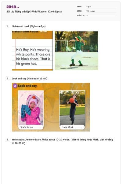 Bài tập Tiếng anh lớp 3 Unit 5 Lesson 12 có đáp án