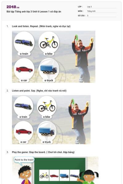 Bài tập Tiếng anh lớp 3 Unit 6 Lesson 1 có đáp án