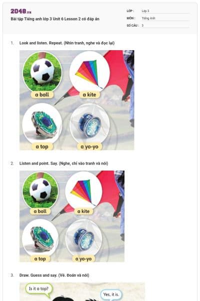 Bài tập Tiếng anh lớp 3 Unit 6 Lesson 2 có đáp án