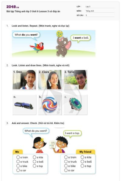 Bài tập Tiếng anh lớp 3 Unit 6 Lesson 3 có đáp án