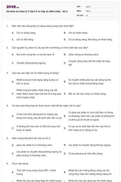 Đề kiểm tra Giữa kì 2 Vật lí 8 có đáp án (Mới nhất) - Đề 3