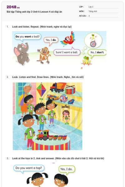 Bài tập Tiếng anh lớp 3 Unit 6 Lesson 4 có đáp án