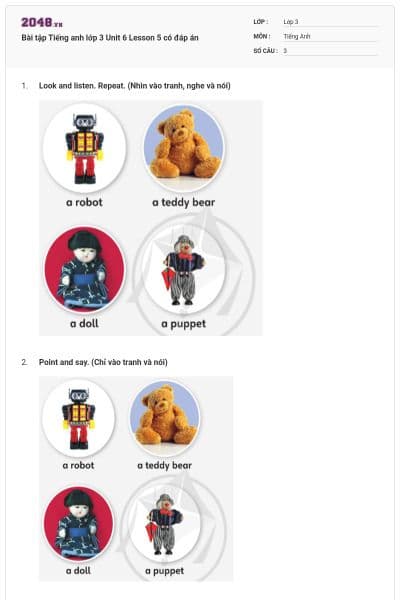 Bài tập Tiếng anh lớp 3 Unit 6 Lesson 5 có đáp án