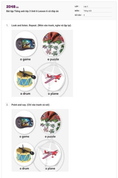 Bài tập Tiếng anh lớp 3 Unit 6 Lesson 6 có đáp án