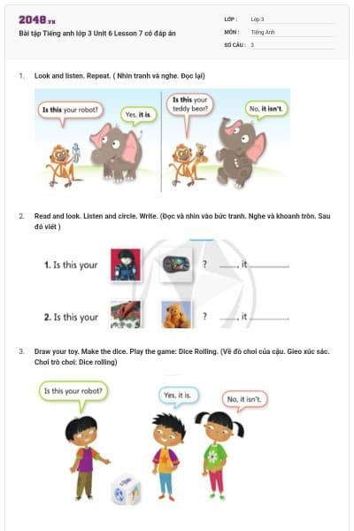 Bài tập Tiếng anh lớp 3 Unit 6 Lesson 7 có đáp án