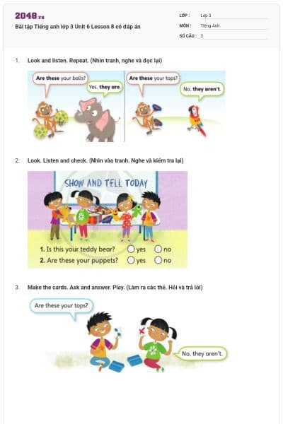 Bài tập Tiếng anh lớp 3 Unit 6 Lesson 8 có đáp án