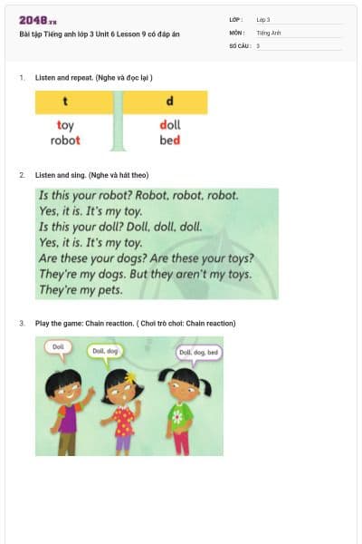 Bài tập Tiếng anh lớp 3 Unit 6 Lesson 9 có đáp án