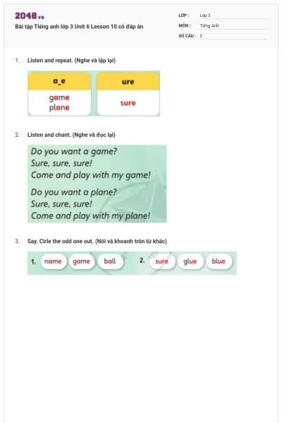 Bài tập Tiếng anh lớp 3 Unit 6 Lesson 10 có đáp án