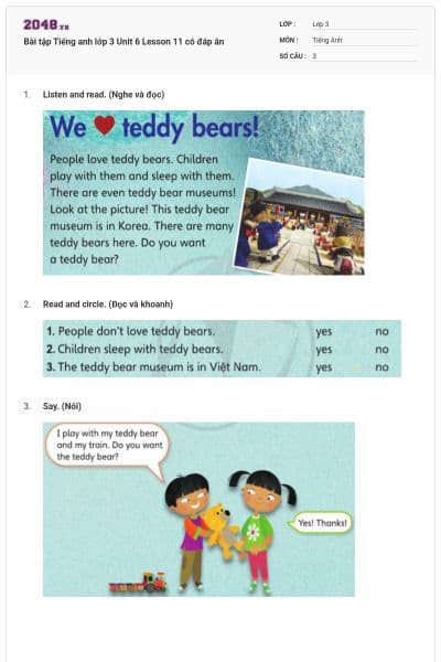 Bài tập Tiếng anh lớp 3 Unit 6 Lesson 11 có đáp án