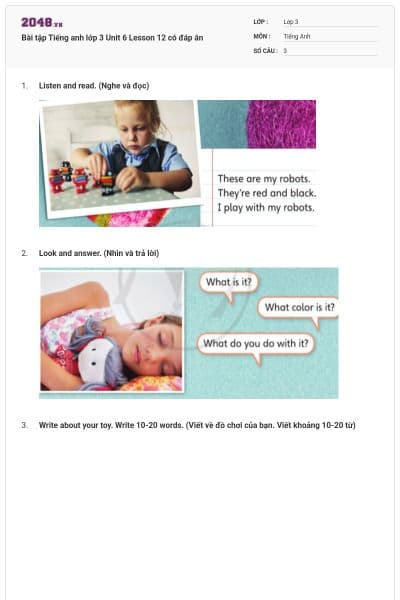 Bài tập Tiếng anh lớp 3 Unit 6 Lesson 12 có đáp án