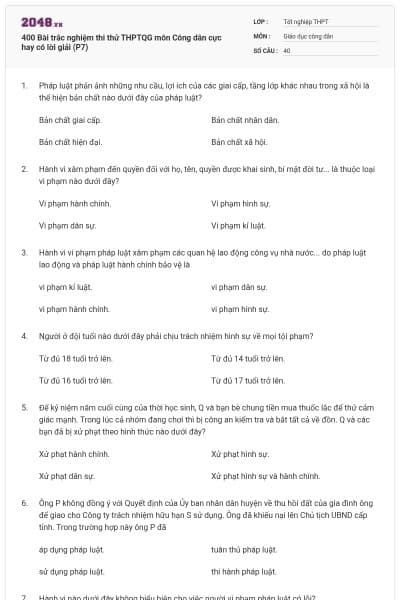 400 Bài trắc nghiệm thi thử THPTQG môn Công dân cực hay có lời giải (P7)