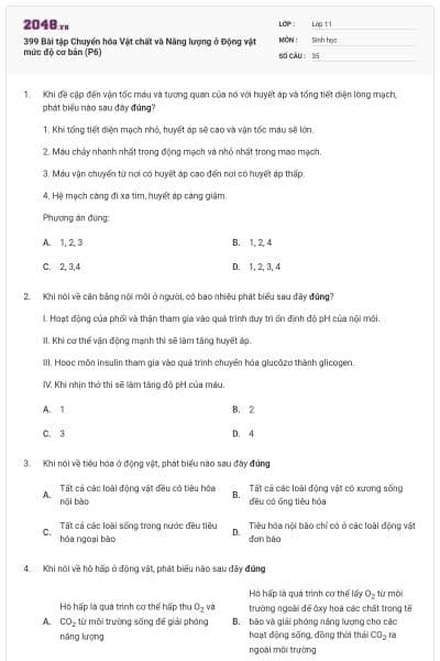 399 Bài tập Chuyển hóa Vật chất và Năng lượng ở Động vật mức độ cơ bản (P6)