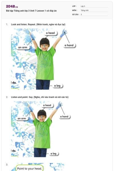 Bài tập Tiếng anh lớp 3 Unit 7 Lesson 1 có đáp án