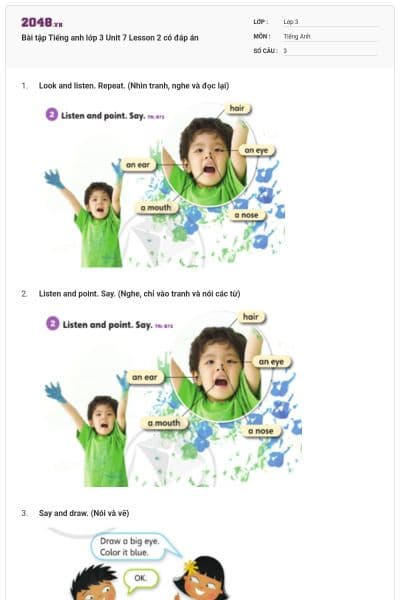 Bài tập Tiếng anh lớp 3 Unit 7 Lesson 2 có đáp án