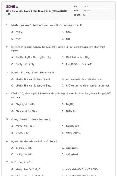 Đề kiểm tra giữa học kì 2 Hóa 12 có đáp án (Mới nhất) (Đề 14)
