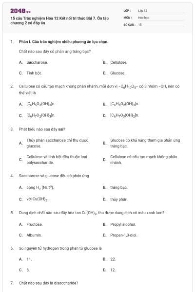15 câu Trắc nghiệm Hóa 12 Kết nối tri thức Bài 7. Ôn tập chương 2 có đáp án
