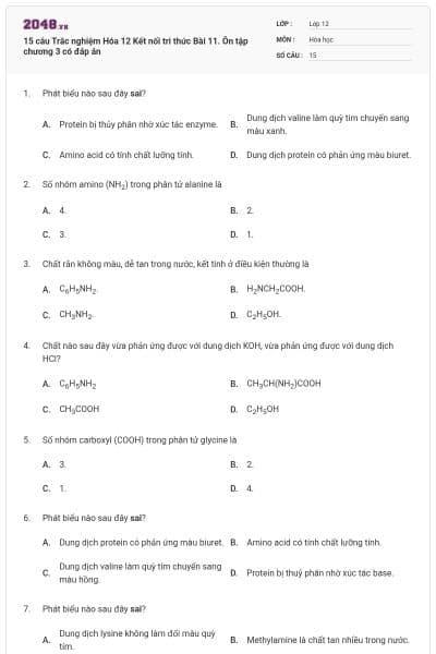15 câu Trắc nghiệm Hóa 12 Kết nối tri thức Bài 11. Ôn tập chương 3 có đáp án