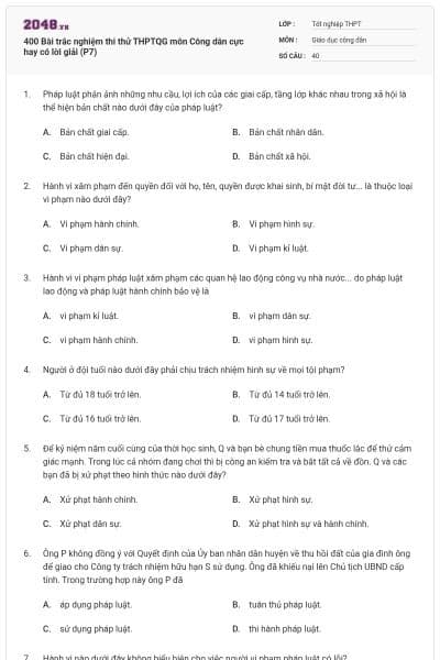 400 Bài trắc nghiệm thi thử THPTQG môn Công dân cực hay có lời giải (P7)