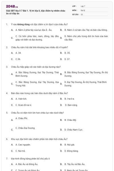 Giải SBT Địa lí 7 Bài 1. Vị trí địa lí, đặc điểm tự nhiên châu âu có đáp án