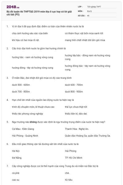Bộ đề luyện thi THPTQG 2019 môn Địa lí cực hay có lời giải chi tiết (P5)