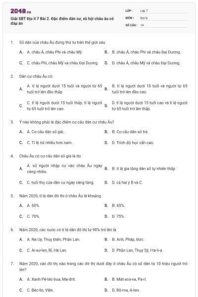 Giải SBT Địa lí 7 Bài 2. Đặc điểm dân cư, xã hội châu âu có đáp án