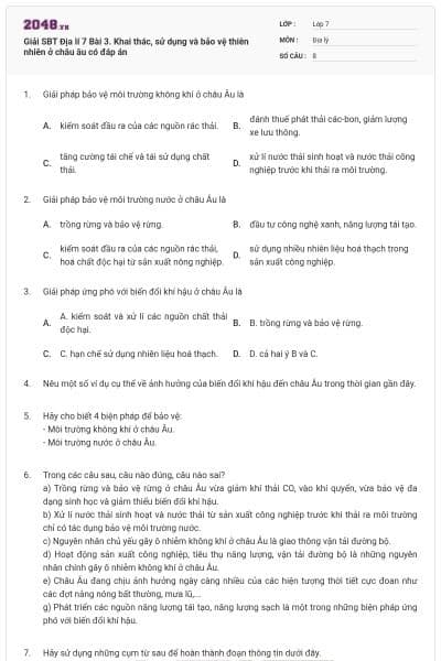Giải SBT Địa lí 7 Bài 3. Khai thác, sử dụng và bảo vệ thiên nhiên ở châu âu có đáp án
