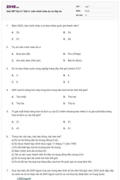 Giải SBT Địa lí 7 Bài 4. Liên minh châu âu có đáp án