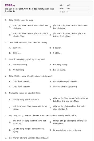 Giải SBT Địa lí 7 Bài 5. Vị trí địa lí, đặc điểm tự nhiên châu á có đáp án