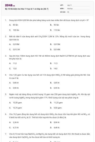 Bộ 10 Đề kiểm tra Hóa 11 học kì 1 có đáp án (đề 7)
