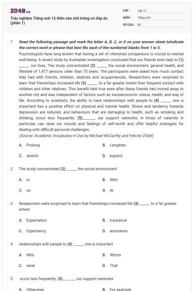 Trắc nghiệm Tiếng anh 12 Điền vào chỗ trống có đáp án (phần 1)