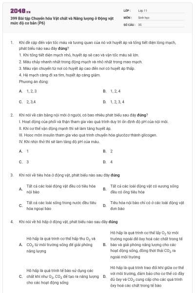 399 Bài tập Chuyển hóa Vật chất và Năng lượng ở Động vật mức độ cơ bản (P6)