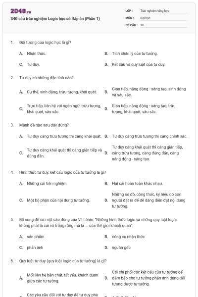 340 câu trắc nghiệm Logic học có đáp án (Phần 1)