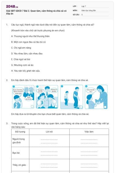 Giải SBT GDCD 7 Bài 2. Quan tâm, cảm thông và chia sẻ có đáp án