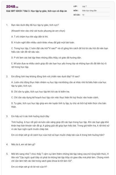 Giải SBT GDCD 7 Bài 3. Học tập tự giác, tích cực có đáp án