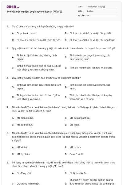340 câu trắc nghiệm Logic học có đáp án (Phần 2)