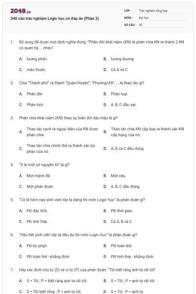 340 câu trắc nghiệm Logic học có đáp án (Phần 3)