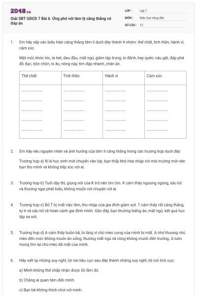 Giải SBT GDCD 7 Bài 6. Ứng phó với tâm lý căng thẳng có đáp án