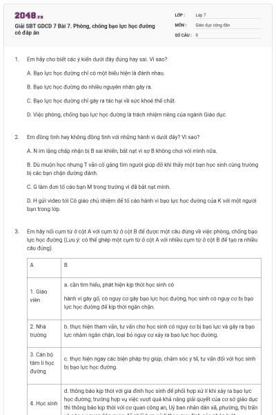 Giải SBT GDCD 7 Bài 7. Phòng, chống bạo lực học đường có đáp án