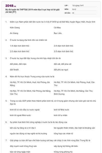 Bộ đề luyện thi THPTQG 2019 môn Địa lí cực hay có lời giải chi tiết (P7)