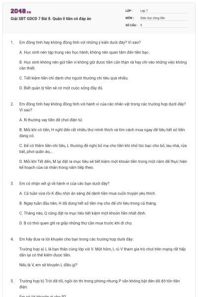 Giải SBT GDCD 7 Bài 8. Quản lí tiền có đáp án