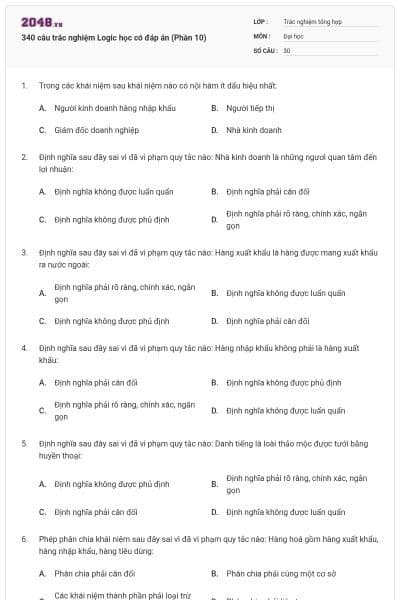 340 câu trắc nghiệm Logic học có đáp án (Phần 10)