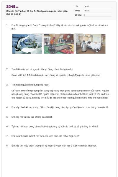 Chuyên đề Tin học 10 Bài 1. Cấu tạo chung của robot giáo dục có đáp án