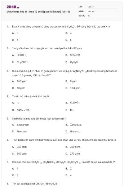 Đề kiểm tra học kì 1 Hóa 12 có đáp án (Mới nhất) (Đề 10)