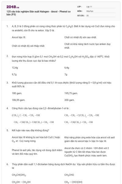 125 câu trắc nghiệm Dẫn xuất Halogen - Ancol - Phenol cơ bản (P3)