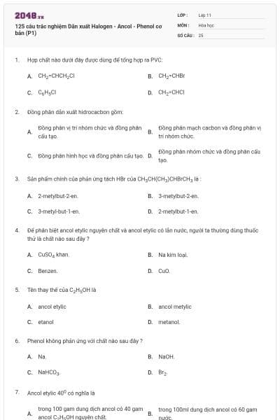 125 câu trắc nghiệm Dẫn xuất Halogen - Ancol - Phenol cơ bản (P1)