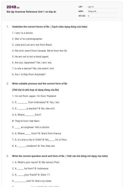 Bài tập Grammar Reference Unit 1 có đáp án