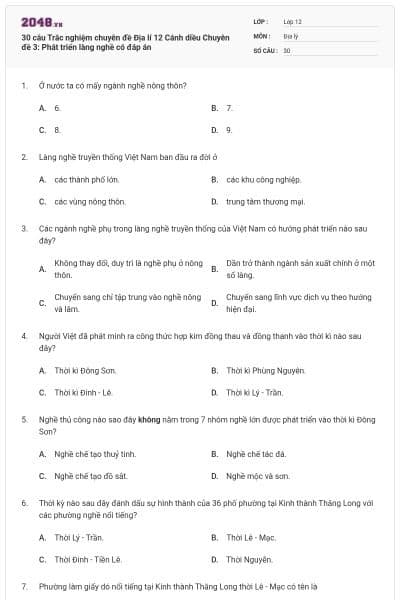 30 câu  Trắc nghiệm chuyên đề Địa lí 12 Cánh diều Chuyên đề 3: Phát triển làng nghề có đáp án